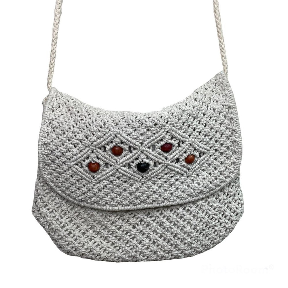 Handmade Y2K white macramé crochet bag purse with wooden beads woven cotton - Picture 1 of 12